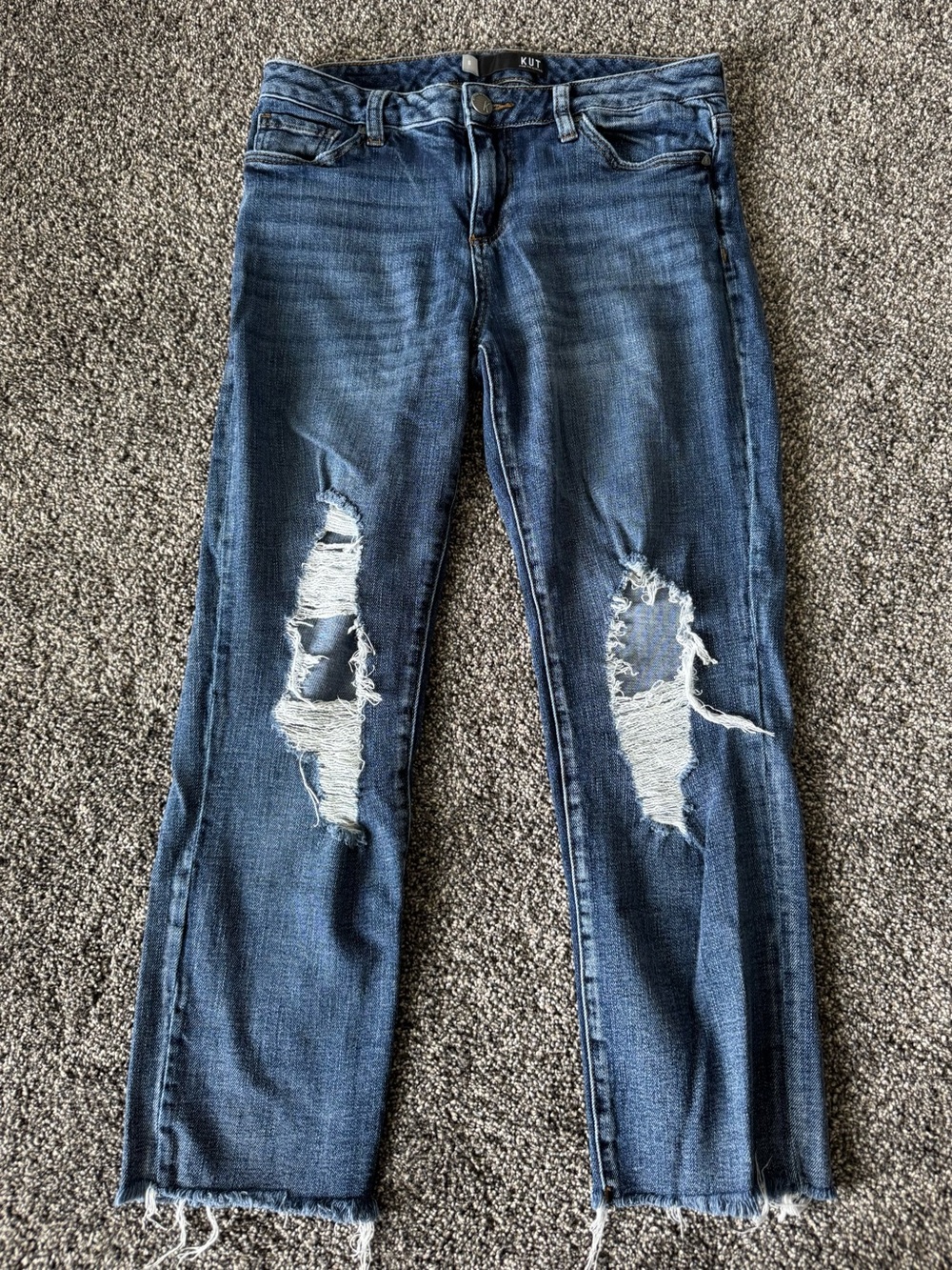 Kut from the Kloth Blue Distressed Cropped Straight Jeans Raw Hem Size 8